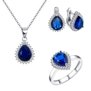 3Pcs Teardrop Blue Sapphire Jewelry Set Sterling Silver Ring Necklace Earrings for Women (Big) - 图片 1