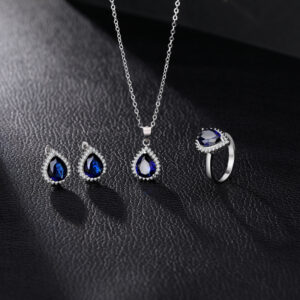 3Pcs Teardrop Blue Sapphire Jewelry Set Sterling Silver Ring Necklace Earrings for Women (Big) - 图片 2