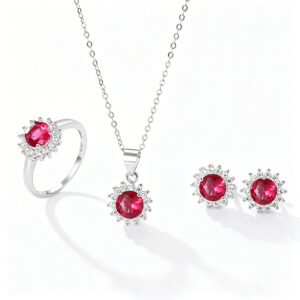 925 Sterling Silver Round Ruby Jewelry Set (Big) - 图片 1