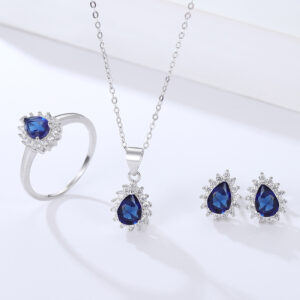 3Pcs Teardrop Blue Sapphire Halo Jewelry Set Sterling Silver Ring Necklace Earrings for Women - 图片 2