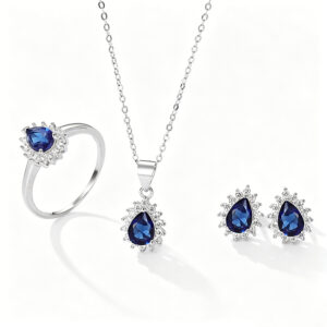 3Pcs Teardrop Blue Sapphire Halo Jewelry Set Sterling Silver Ring Necklace Earrings for Women - 图片 1