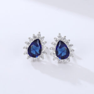 3Pcs Teardrop Blue Sapphire Halo Jewelry Set Sterling Silver Ring Necklace Earrings for Women - 图片 4