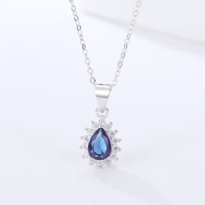3Pcs Teardrop Blue Sapphire Halo Jewelry Set Sterling Silver Ring Necklace Earrings for Women - 图片 5